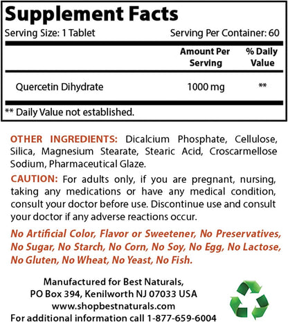 Best Naturals Quercetin 1,000 mg Tablets – 60 Count