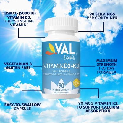 VAL Vitamin D3 + K2 (MK-7) 5000 IU & 90 mcg – Bone and Immune Support – High Potency, Non-GMO, Easy to Swallow – 90 Vegan Capsules