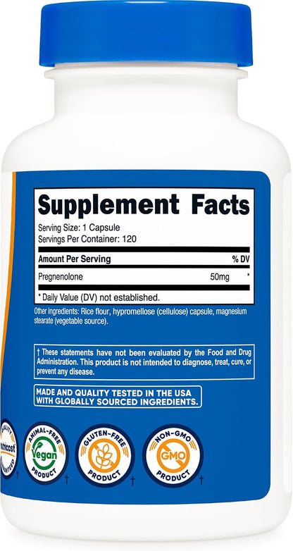 Nutricost Pregnenolone 50mg, 120 Vegetarian Capsules - Non-GMO, Gluten-free