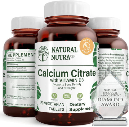 Natural Nutra Calcium Citrate with Vitamin D3 – Food Supplement for Bone Strength, Muscle Function and General Health, 120 Tablets