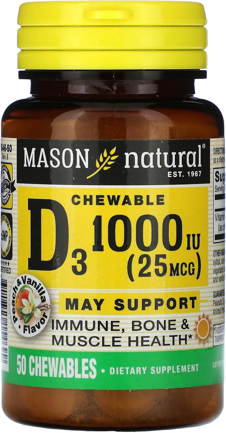 Mason Natural Vitamin D3 1000 IU Chewable Tablets, Peach Vanilla Flavour - 50 Tablets - görsel 1