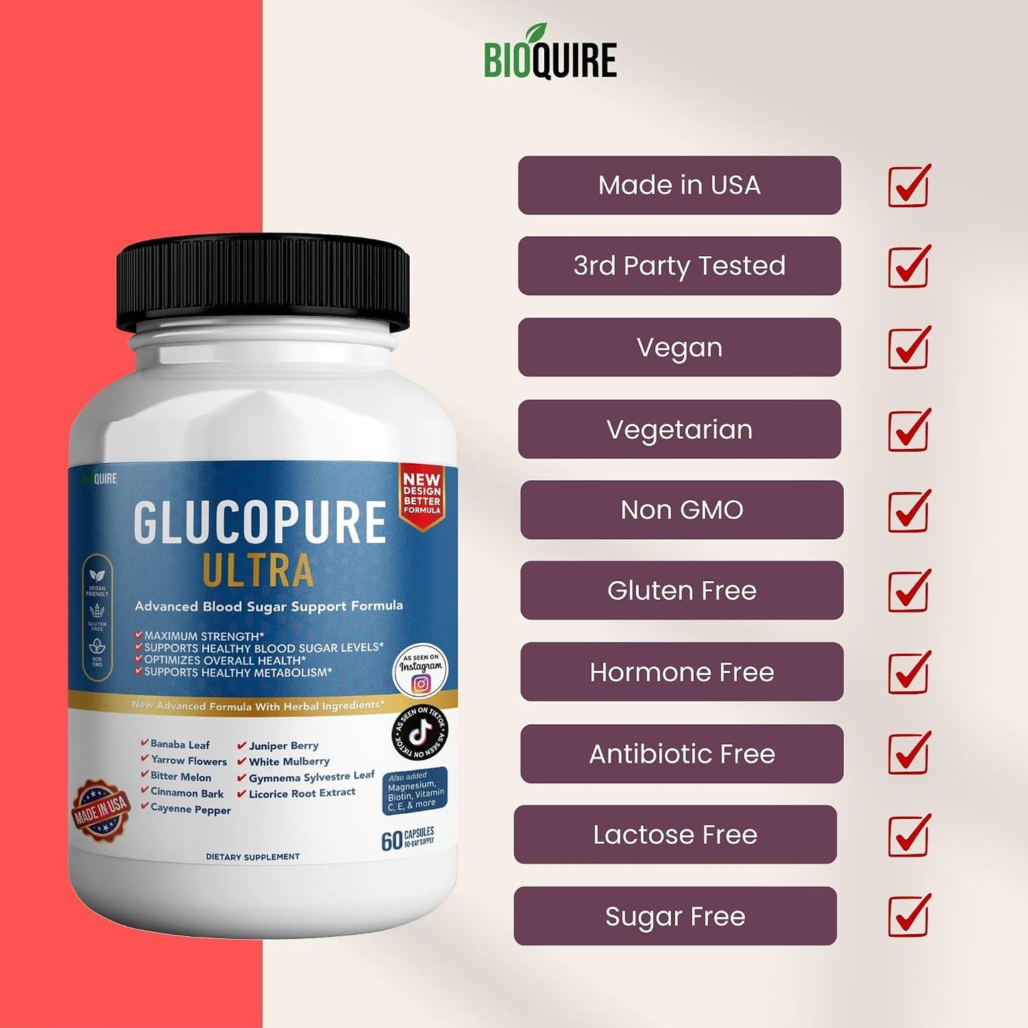 BIOQUIRE Gluco Pure Ultra - Maximum Strength Blood Sugar Support Supplement (60 Capsules) - görsel 6