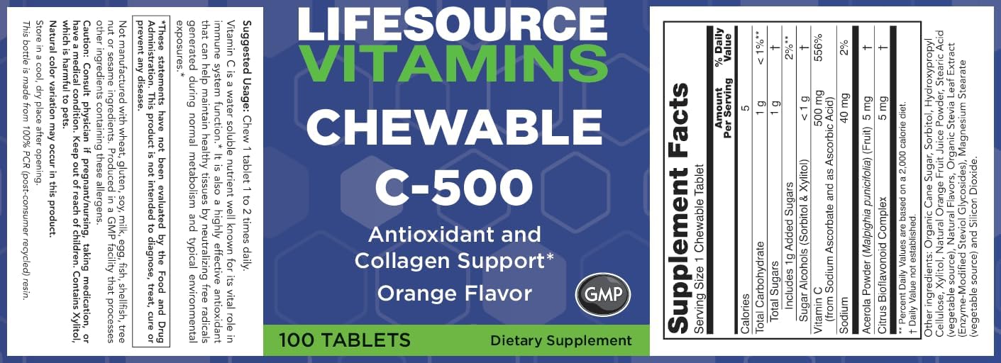 LifeSource Vitamins Vitamin C 500 mg - 100 Chewable Tablets - Orange Flavour - Sweetened with Stevia - görsel 5