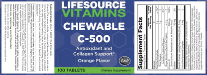 LifeSource Vitamins Vitamin C 500 mg - 100 Chewable Tablets - Orange Flavour - Sweetened with Stevia