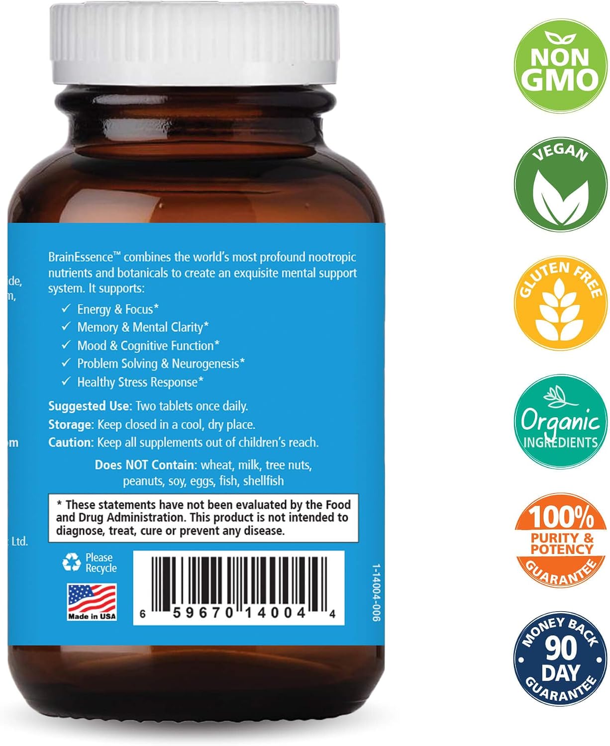Pure Essence Labs Brain Essence – Memory Support Food Supplement for Men, Women & Adults – Herbal Nootropic with Bacopa Monnieri, Ashwagandha & Rhodiola (60 Tablets) - görsel 2