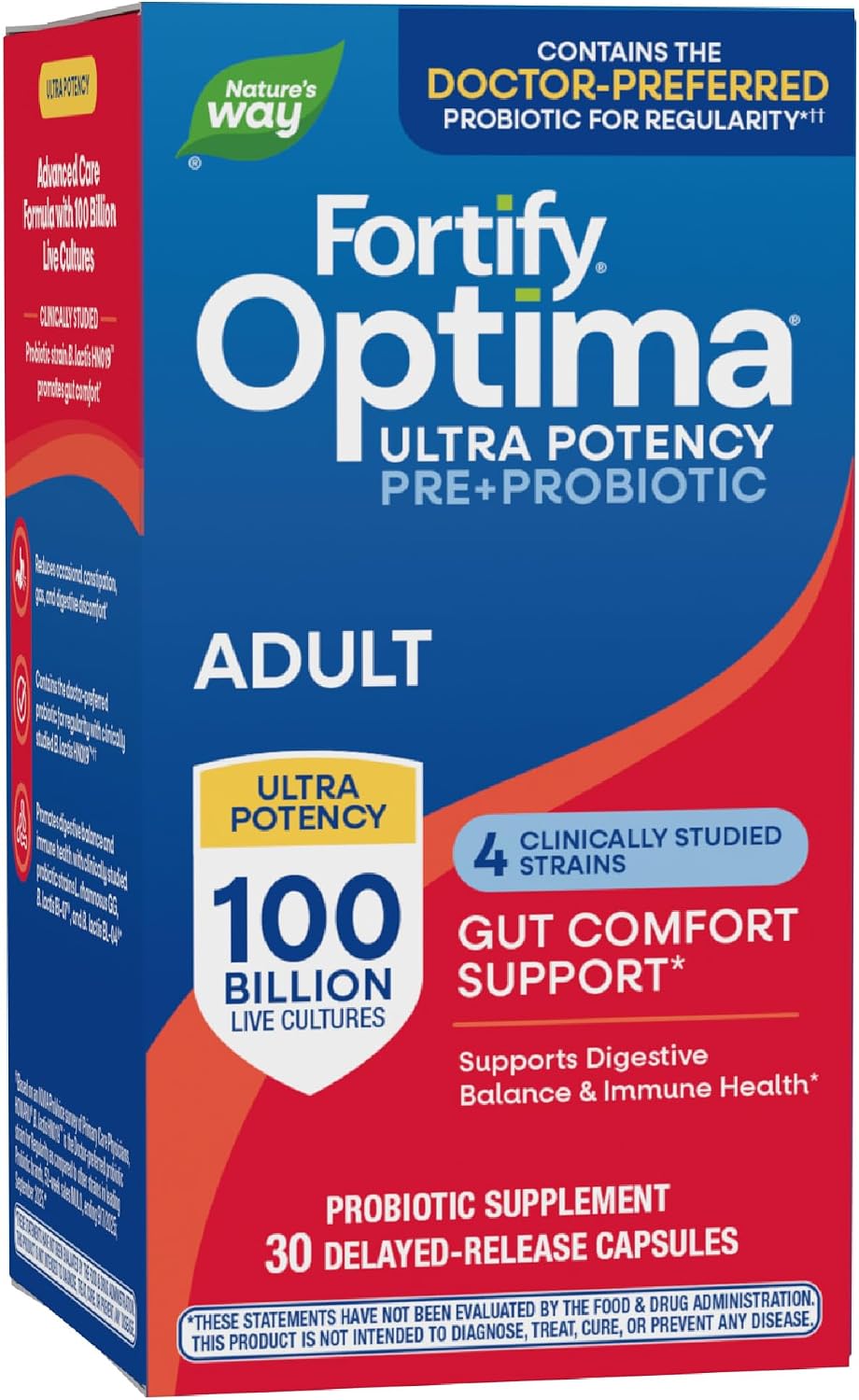 Nature's Way Fortify Optima Probiotic for Adults, 100 Billion Live Cultures, 16 Strains, Supports Digestive and Immune Health, Plant-Based Prebiotic Fibre, 30 Capsules (Packaging May Vary) - görsel 1