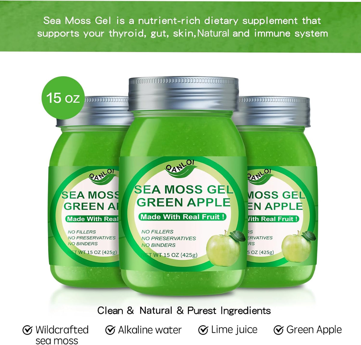 QANLOI Sea Moss Raw Gel – Irish Sea Moss, Green Apple, 15 oz - görsel 4
