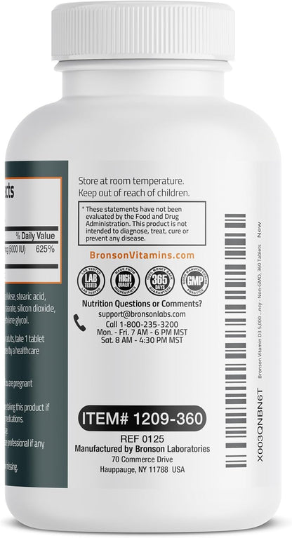 Bronson Vitamin D3 5000 IU (125mcg) Non-GMO Gluten-Free Soya-Free 360 Tablets