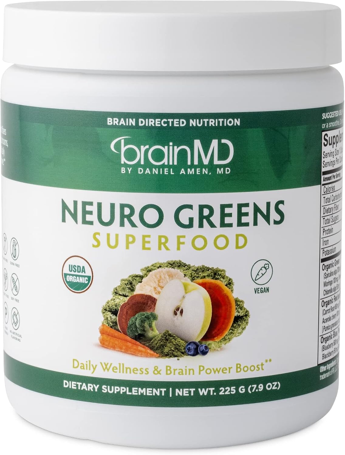BRAINMD Dr Amen Neuro Greens Superfood - 224 g - Aids Whole-Body Wellness, Digestive Health, Immune Function and Cognitive Health - Gluten-Free - 30 Servings - görsel 1
