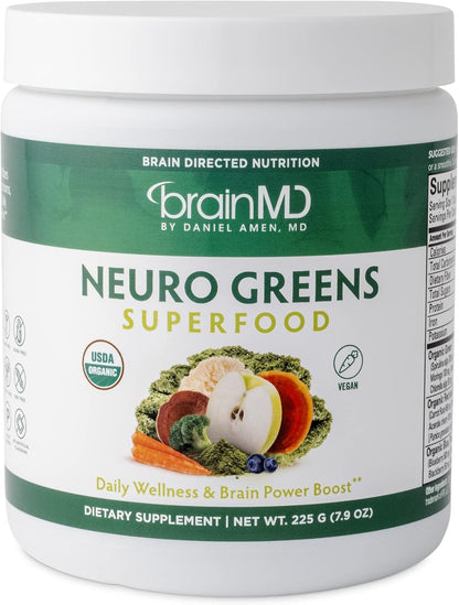 BRAINMD Dr Amen Neuro Greens Superfood - 224 g - Aids Whole-Body Wellness, Digestive Health, Immune Function and Cognitive Health - Gluten-Free - 30 Servings