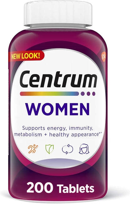 Centrum Multivitamin for Women, Multivitamin/Multimineral Supplement with Iron, Vitamin D3, B Vitamins, Antioxidant Vitamins C and E, Gluten-free, Non-GMO - 200 Tablets