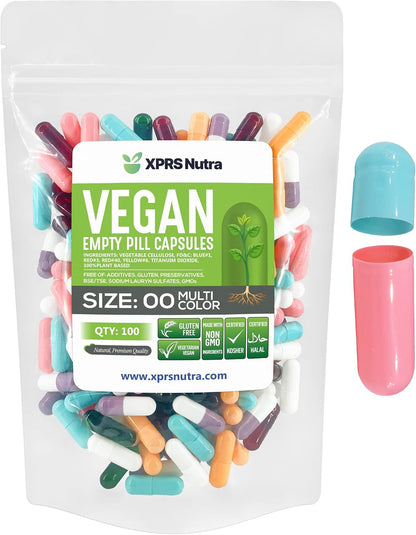 XPRS Nutra Size 00 Empty Capsules - 100 Count Vegan HPMC Pill Capsules (Multi-Colour)