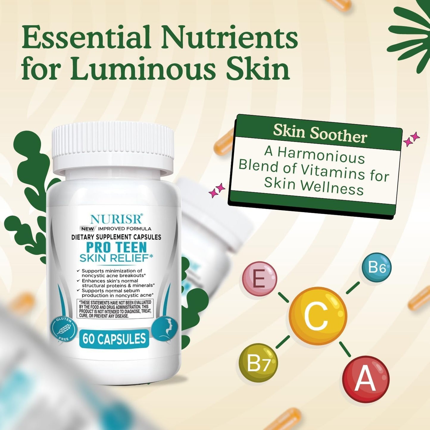 NURISR Acne Support Vitamins for Teens with A, B, C, E & Biotin - 60 Capsules - görsel 4