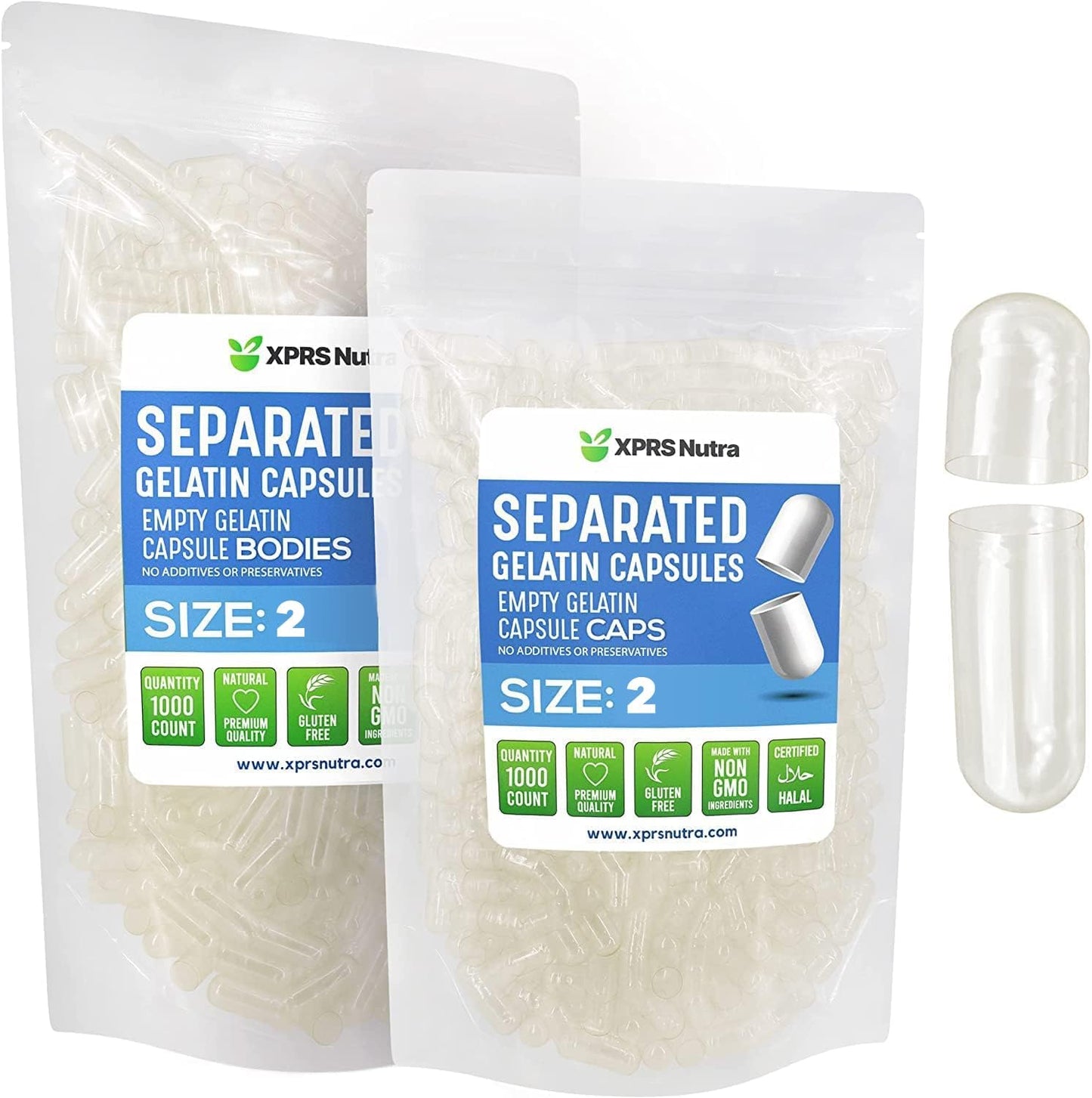 XPRS Nutra Gelatine Size 2 Separated Capsules - 1000 Count Empty Capsules Separated in Bags - Clear Gelatine Empty Capsules for DIY Supplement Filling - görsel 1