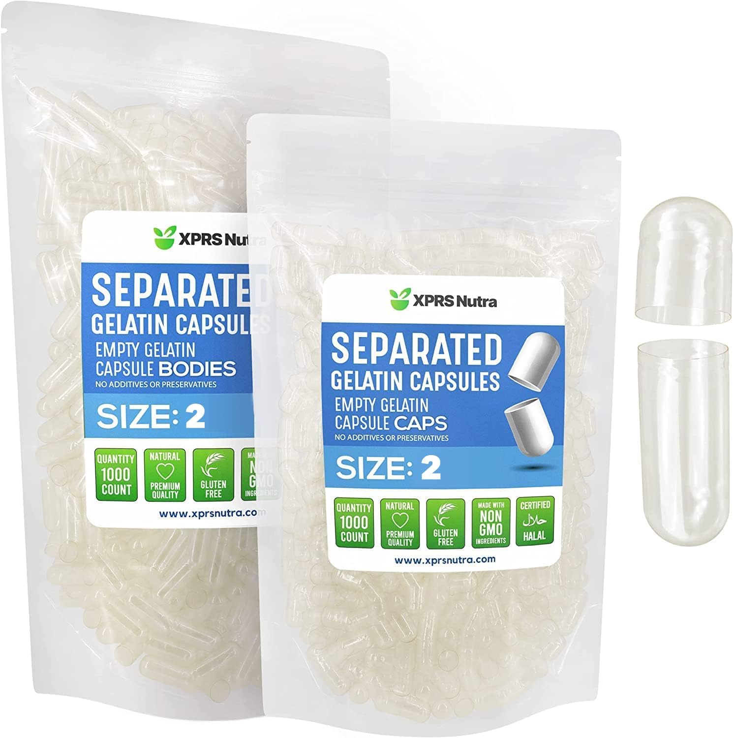 XPRS Nutra Gelatine Size 2 Separated Capsules - 1000 Count Empty Capsules Separated in Bags - Clear Gelatine Empty Capsules for DIY Supplement Filling - görsel 1