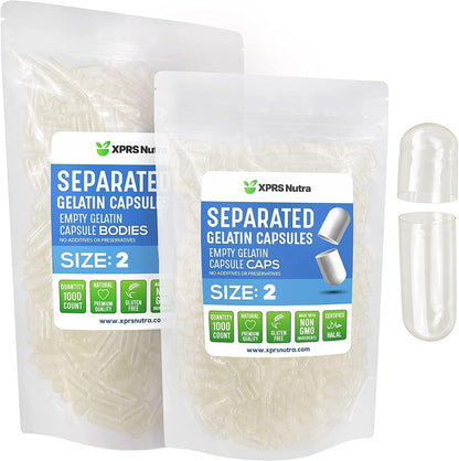 XPRS Nutra Gelatine Size 2 Separated Capsules - 1000 Count Empty Capsules Separated in Bags - Clear Gelatine Empty Capsules for DIY Supplement Filling