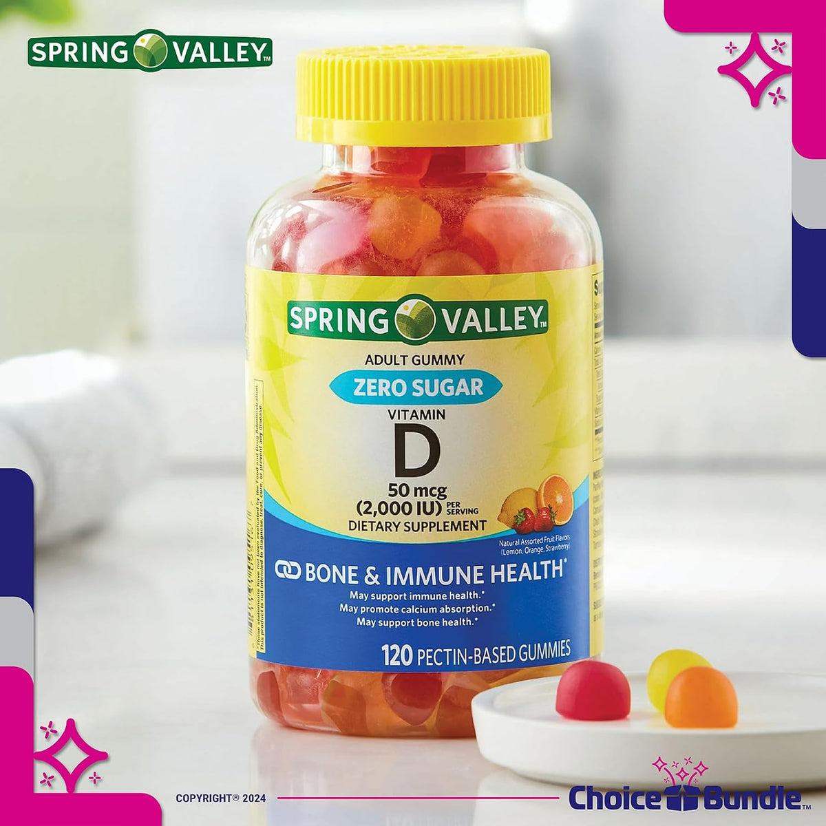 Choice Bundle Spring Valley Sugar Free Vitamin D Gummies 50 mcg (2000 IU) for Bone and Immune Health, 2-Pack (240 Gummies) with Vitamin Guide and Pill Container - görsel 4