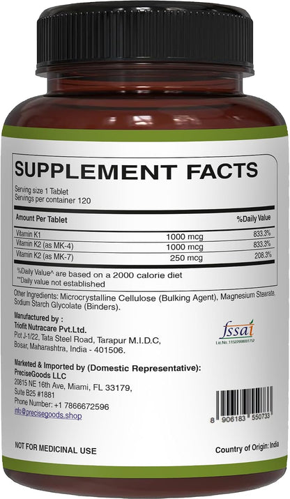 Pure Nutrition Vitamin K Complex K1 + K2, 2250 mcg, 120 Veg Tablets