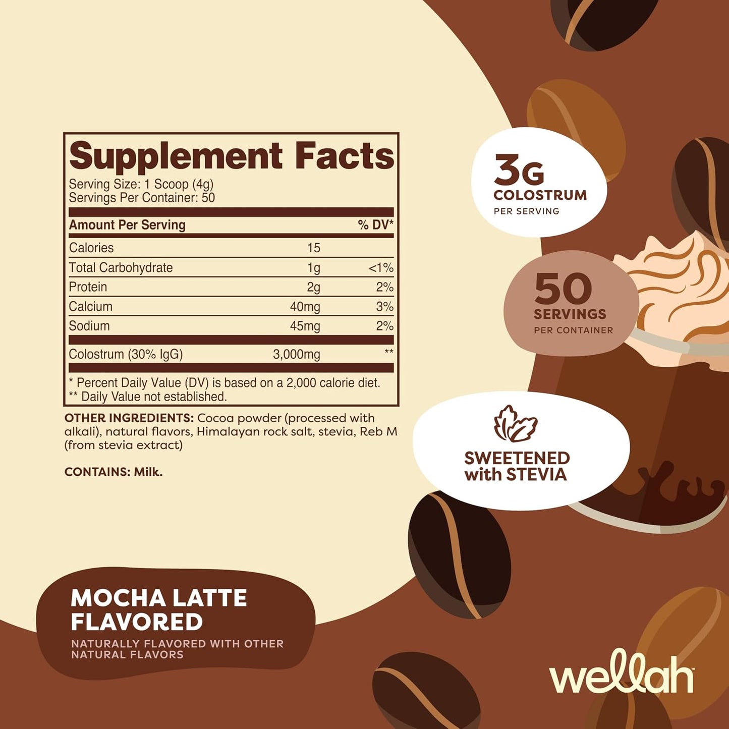 Wellah Colostrum Mocha Latte Flavoured (50 Servings) - Sweetened with Stevia, 3g Colostrum Per Serving, Dietary Supplement - görsel 2