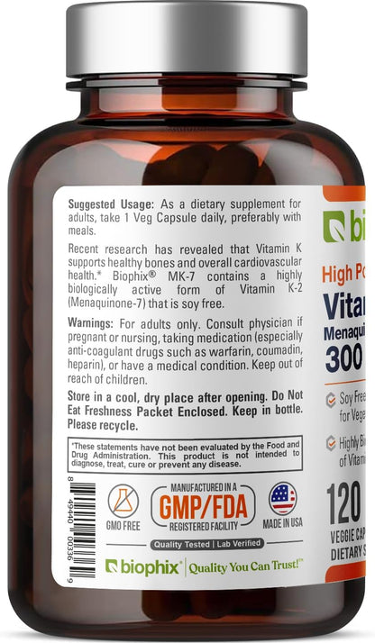 biophix Vitamin K2 MK-7 300mcg, 120 Vegan Capsules – High-Strength Supplement for Bone Strength and Immune Health