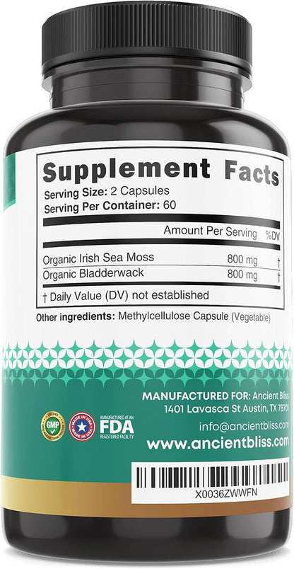 Ancient Bliss Organic Irish Sea Moss Capsules – Wildcrafted Sea Moss with Bladderwrack, 120 Capsules