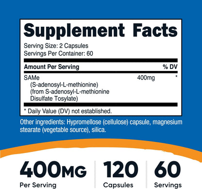 Nutricost SAM-e (S-Adenosyl-L-Methionine) 400mg Per Serving, 120 Capsules (60 Servings)