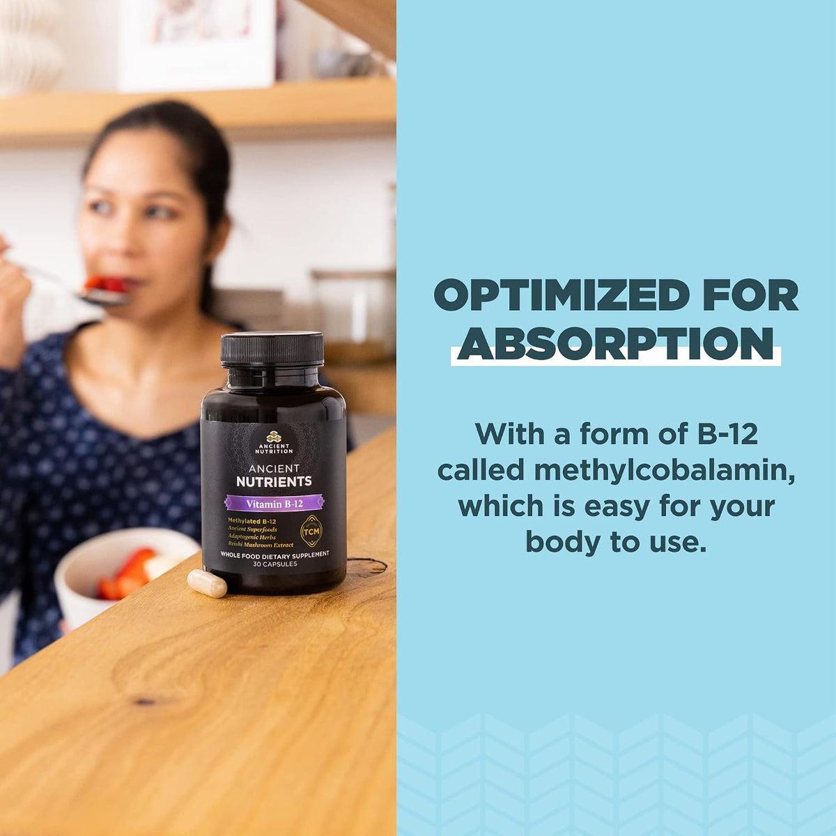 Ancient Nutrition Vitamin B12 Food Supplement – Methylated B12 with Adaptogenic Herbs, 30 Capsules - görsel 4