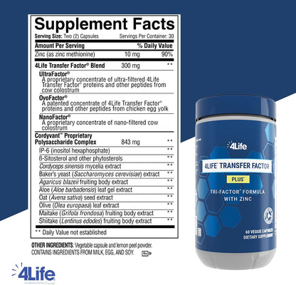 4Life Transfer Factor Plus Zinc Immune Support with Mushrooms, 60 Vegetable Capsules