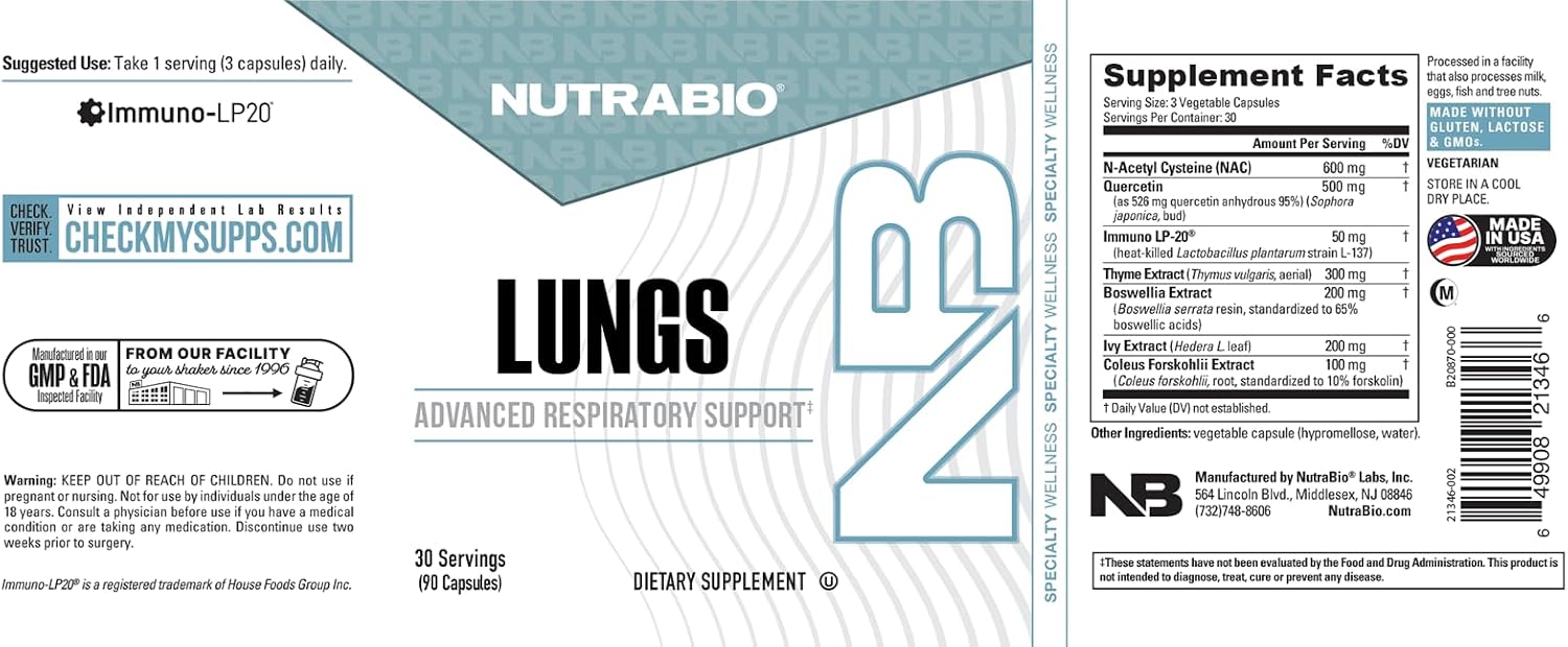 NutraBio Lungs Supplement - Respiratory and Immune Health Support with Immuno-LP20 - 90 Capsules - görsel 6