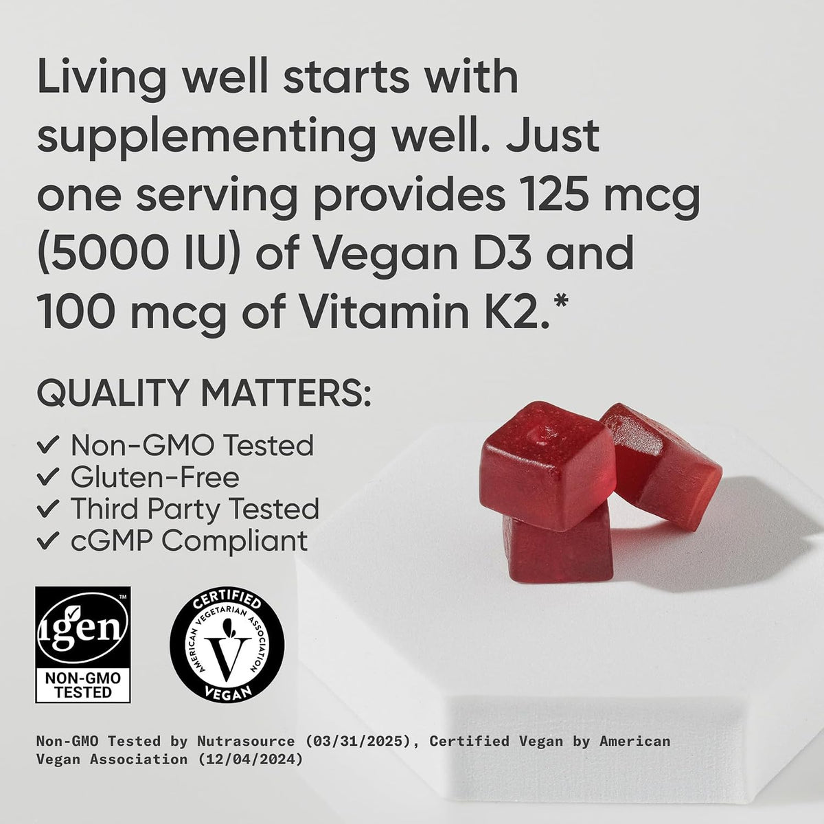 Sports Research® Vegan Vitamin D3 + K2 Gummies – 5000 IU D3 & 100 mcg MK-7 K2 – Sugar-Free – 60 Count - görsel 4