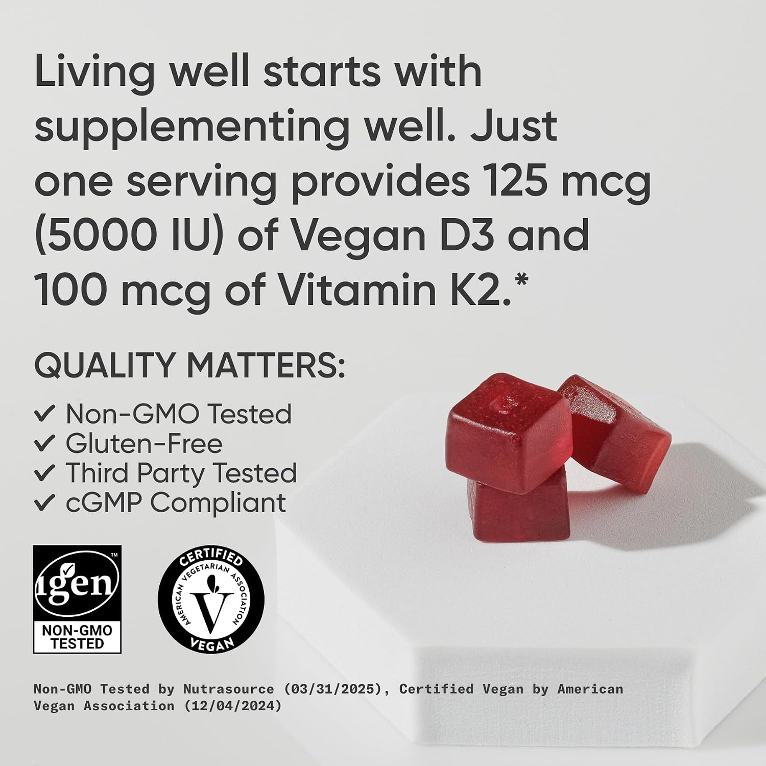 Sports Research® Vegan Vitamin D3 + K2 Gummies – 5000 IU D3 & 100 mcg MK-7 K2 – Sugar-Free – 60 Count - görsel 4