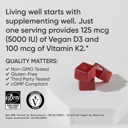Sports Research® Vegan Vitamin D3 + K2 Gummies – 5000 IU D3 & 100 mcg MK-7 K2 – Sugar-Free – 60 Count