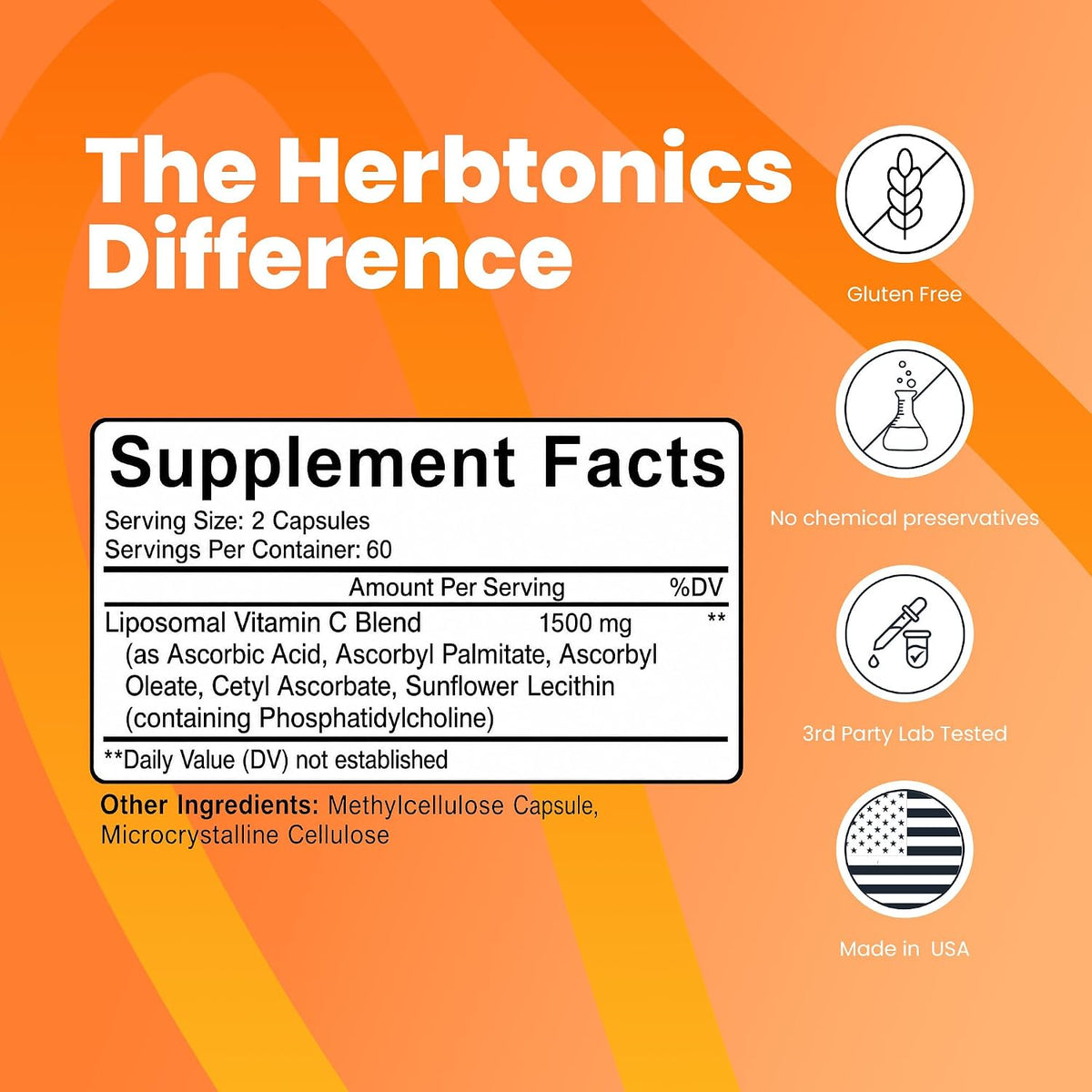 Herbtonics Liposomal Vitamin C 1500mg Food Supplement | Vitamin C for Immune & Collagen Health | High Absorption | 120 Vegan Capsules - Non-GMO - görsel 3
