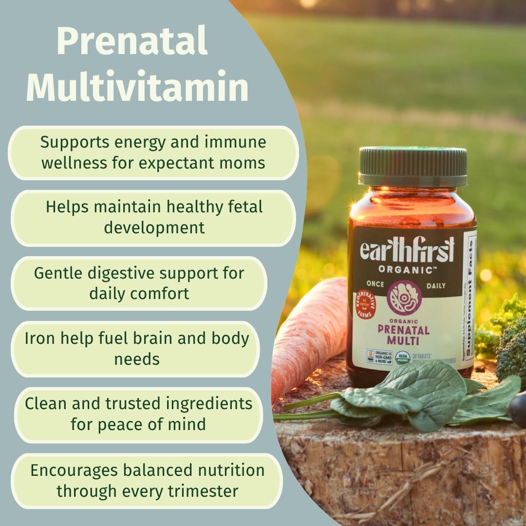 EarthFirst Organic Prenatal Once Daily Multivitamin for Conception, Pregnancy, Postpartum & Breastfeeding, Folate, Iron & Organic Whole Food Blend, Vegan, 60 Tablets - görsel 4