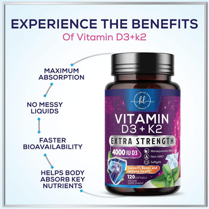 Vitamin D3 with K2 (MK-7) - 4000 IU D3 + 100 mcg K2 per Serving - 120 Soft gel capsules