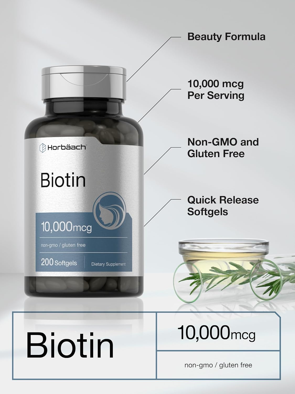 Horbäach Biotin 10,000 mcg - 200 Soft gel capsule Capsules - Vitamin B7 Supplement - görsel 4