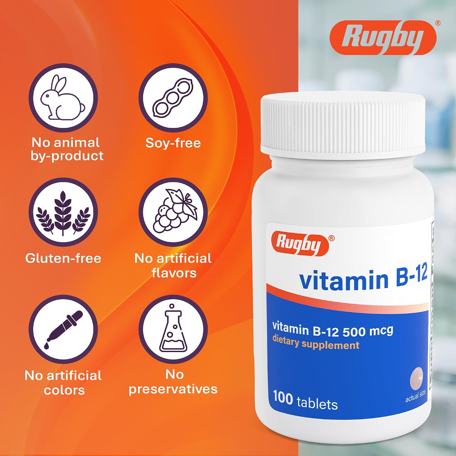 Rugby Vitamin B12 500 mcg Supplement – 100 Tablets - görsel 7
