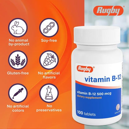 Rugby Vitamin B12 500 mcg Supplement – 100 Tablets