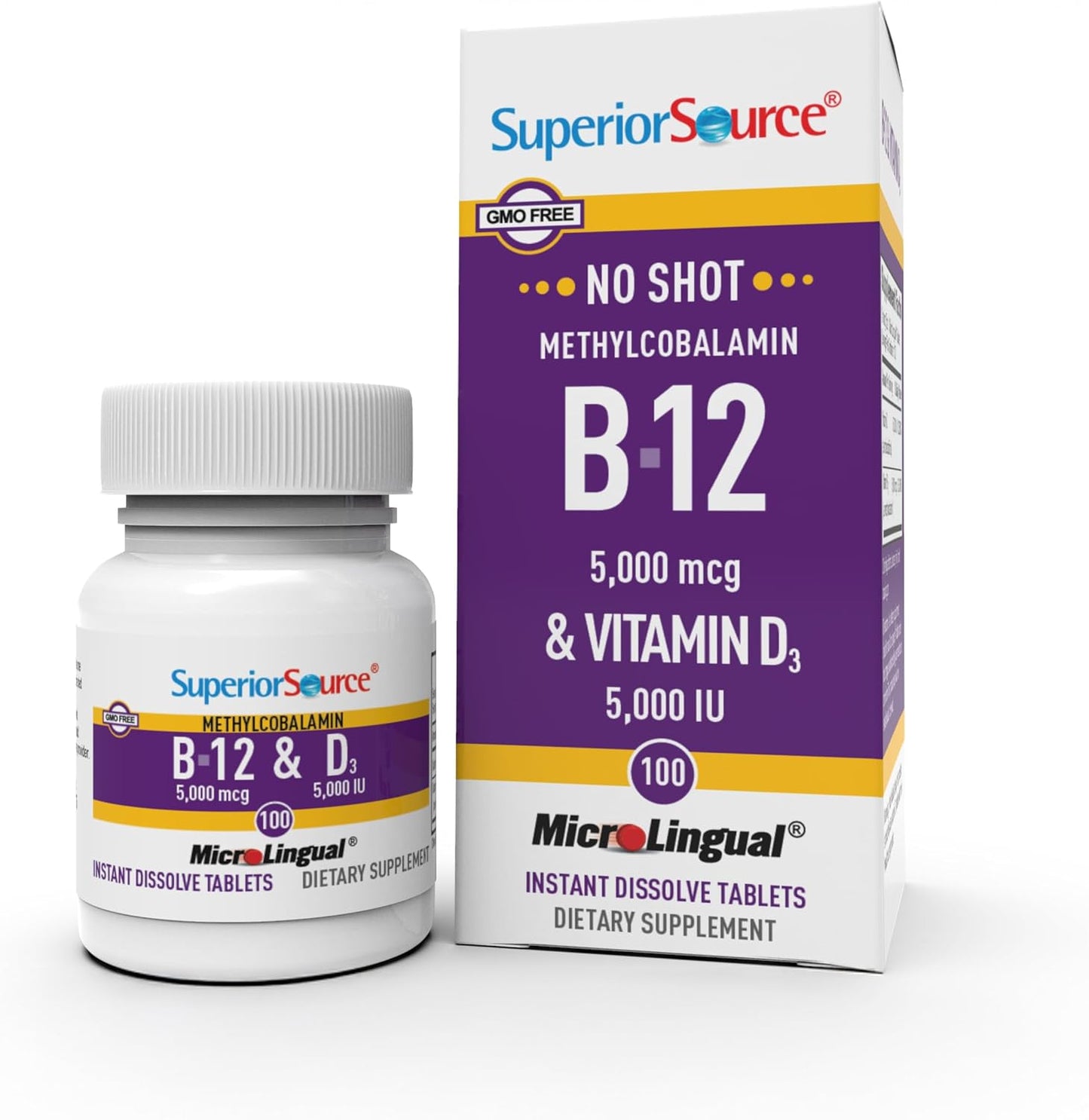 Superior Source NO Shot Methylcobalamin B12 5000 mcg with Vitamin D3 5000 IU - 100 Instant Dissolve Tablets - görsel 1