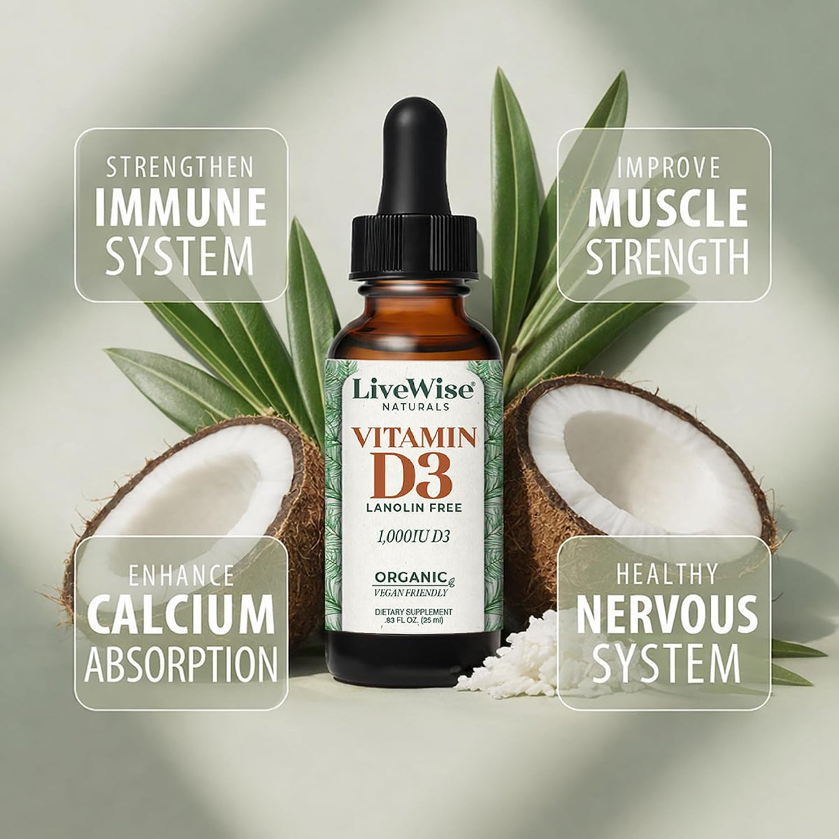 Live Wise Naturals Vitamin D3 1000 IU (25 mcg) Drops – Vegan, Organic MCT Oil, 150 Doses - görsel 4