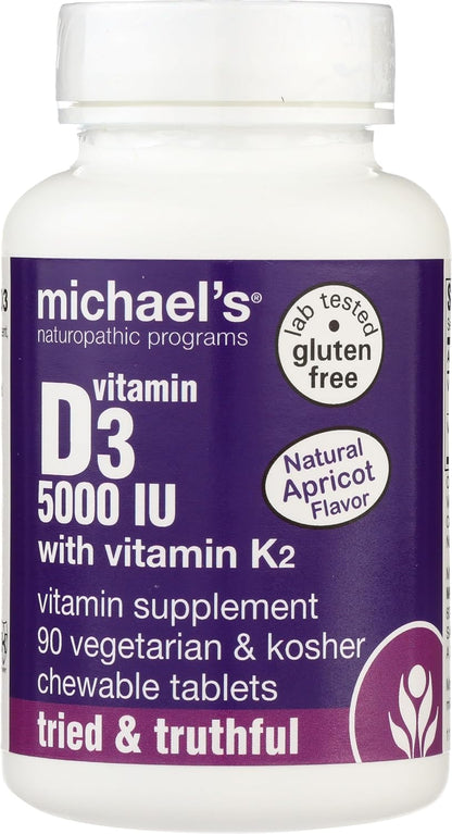Michael's Health Naturopathic Programmes Vitamin D3 with K2 - 90 Chewable Tablets - Apricot Flavour - Skeletal & Immune System Support - No Added Sugar - Vegetarian & Kosher