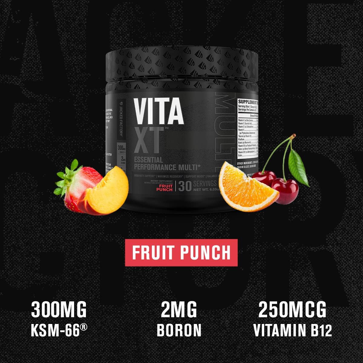 Jacked Factory Vita XT Performance Vitamin Powder - Daily Multivitamin Powder for Men with KSM-66 Ashwagandha, Prebiotic Fibre, Vitamin A, C, D, K, B6, B12, & More - Fruit Punch, 30 Servings - görsel 2