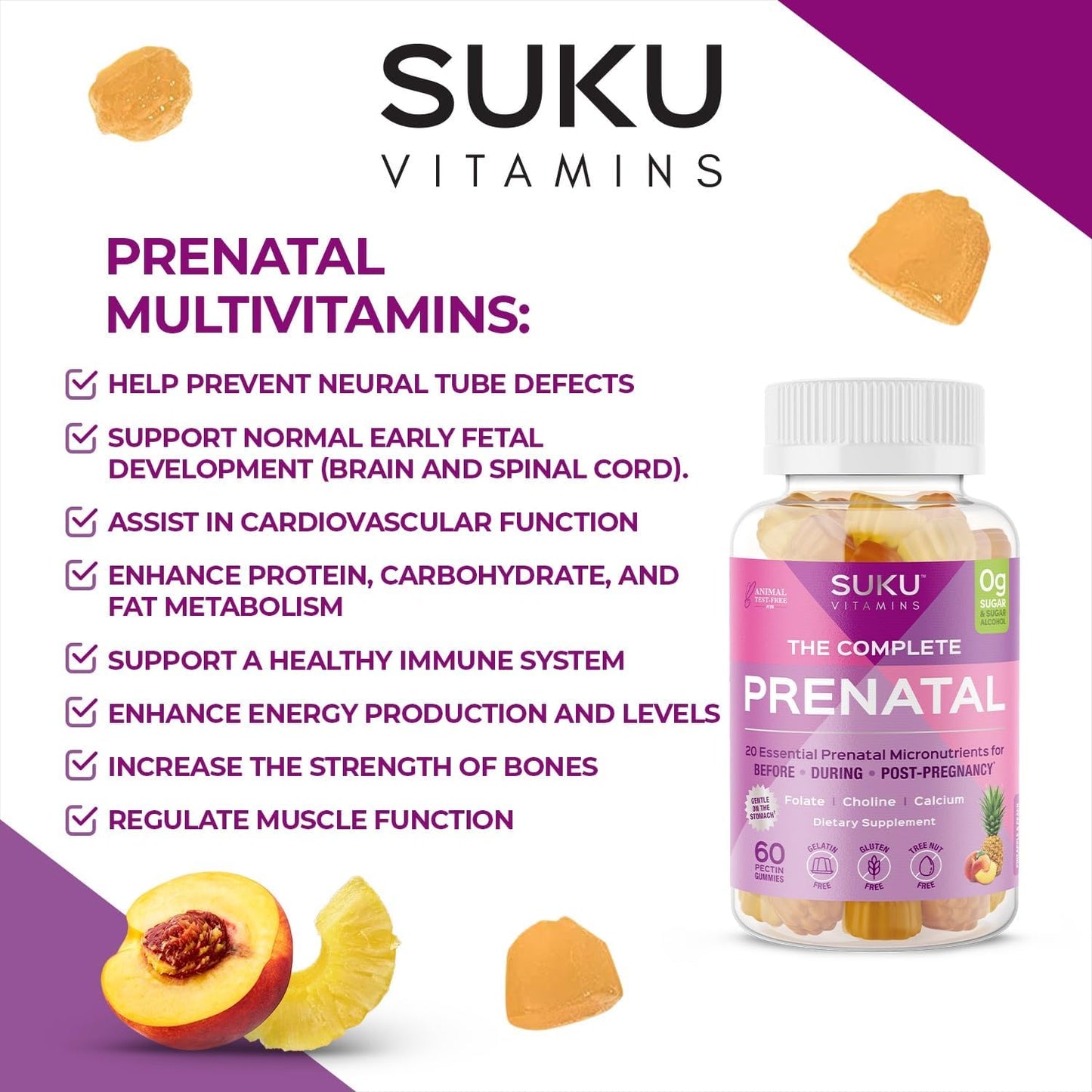 SUKU Prenatal Multivitamin Gummies – Folate, Calcium, Vitamin D3, B12, K2 – Sugar-Free, Vegetarian, Gluten-Free – Pineapple Peach – 60 Count - görsel 7
