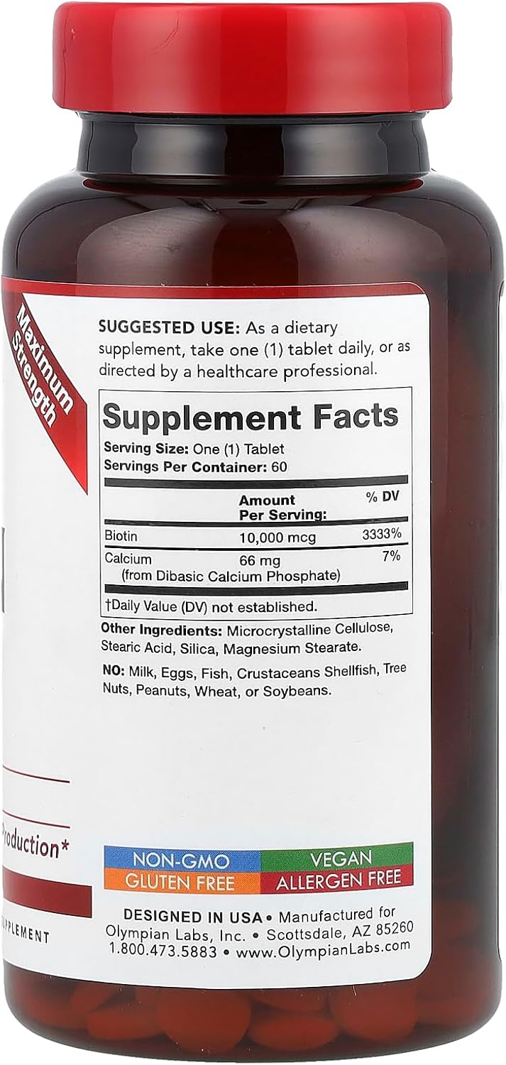 Olympian Labs Max Strength Biotin 10,000mcg Tablets – Hair, Skin and Nail Support (60 Vegan Tablets) - görsel 2