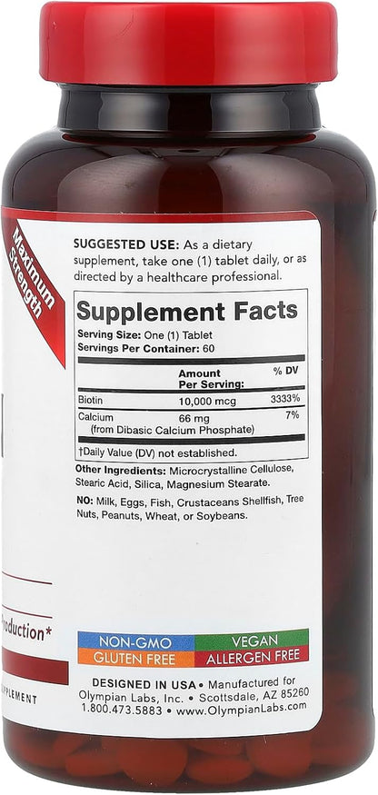 Olympian Labs Max Strength Biotin 10,000mcg Tablets – Hair, Skin and Nail Support (60 Vegan Tablets)