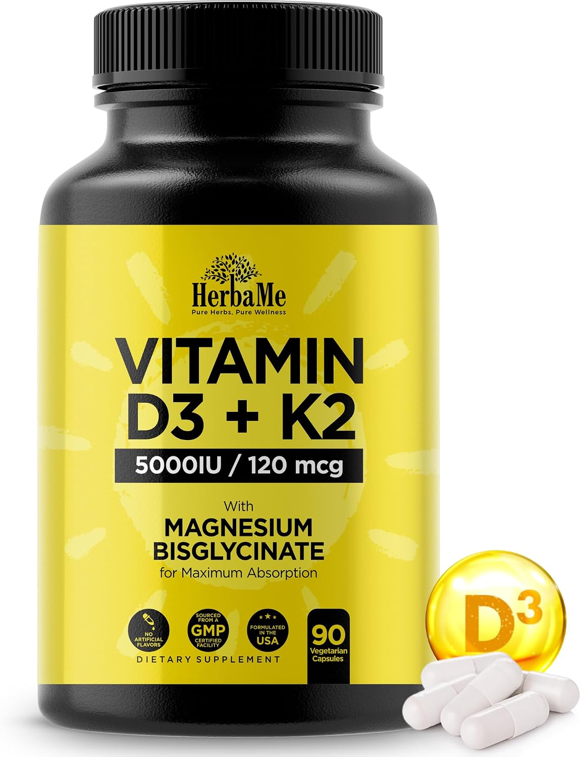 HerbaMe Vitamin D3 5000 IU + K2 with Magnesium Bisglycinate - Bone, Muscle & Immune Support - 90 Capsules - görsel 1
