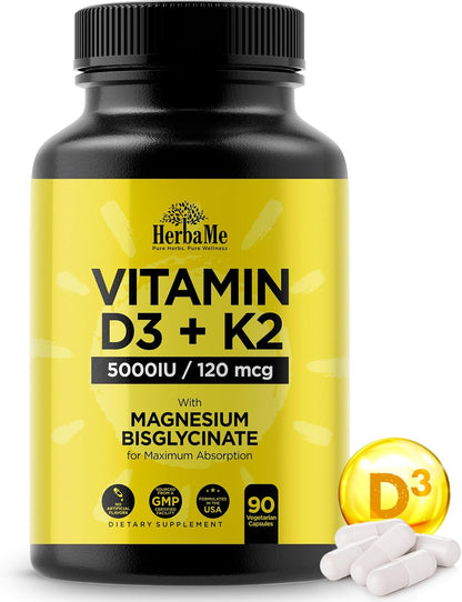 HerbaMe Vitamin D3 5000 IU + K2 with Magnesium Bisglycinate - Bone, Muscle & Immune Support - 90 Capsules