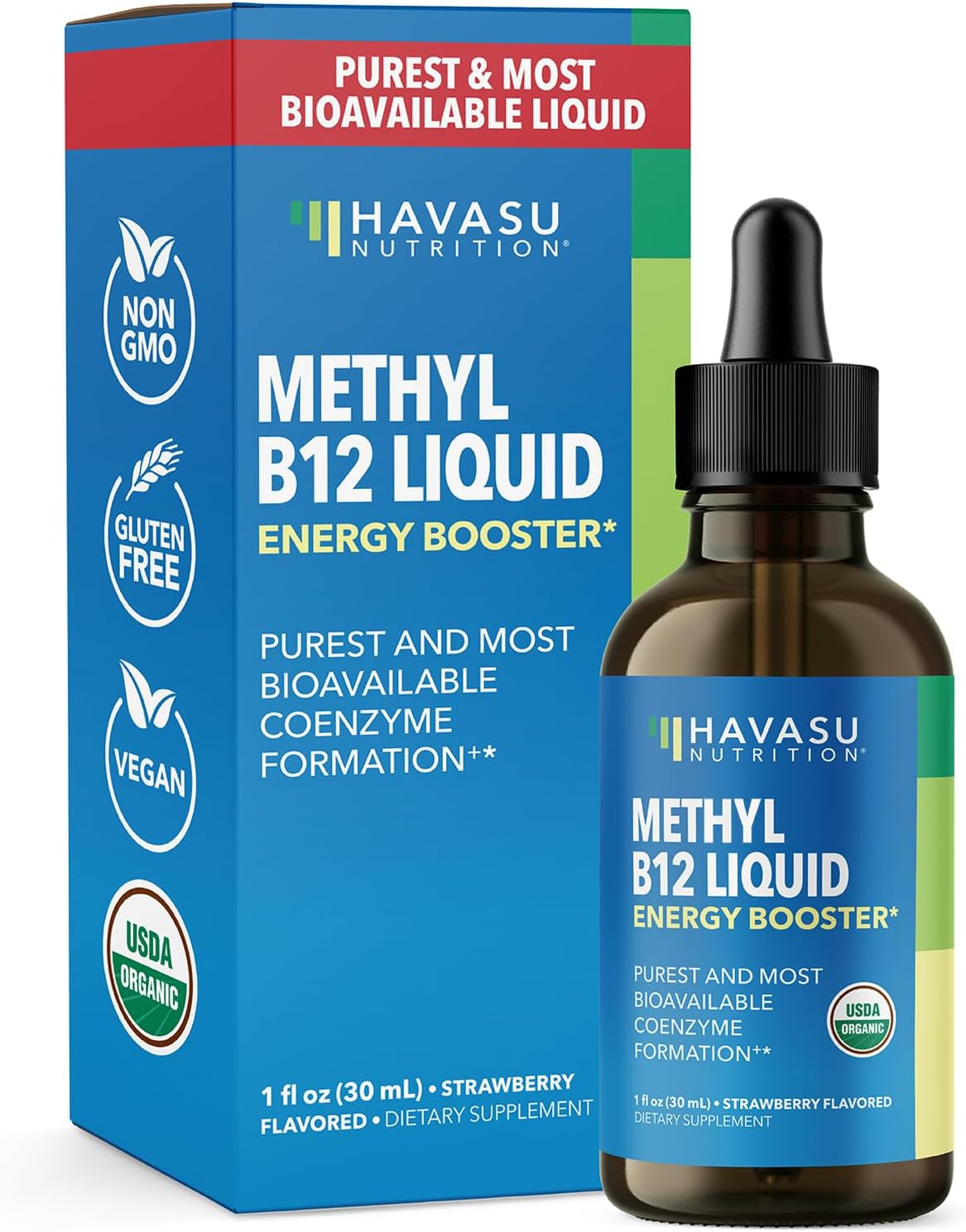 HAVASU NUTRITION USDA Organic Vitamin B12 Liquid Drops - Methylcobalamin, Strawberry, 30 ml (30 Servings) - görsel 1