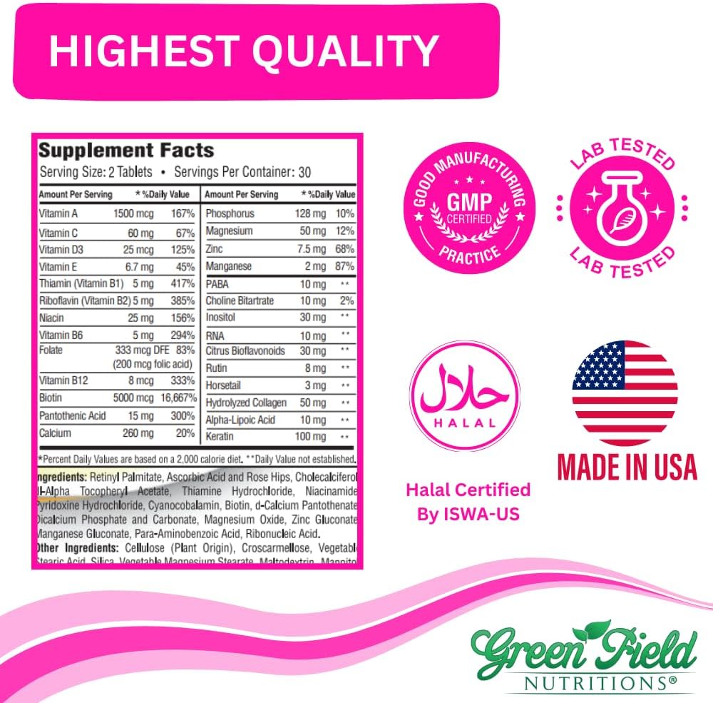 Greenfield Nutritions Halal Biotin Tablets for Adults - 5000mcg Biotin with 50mg Collagen and Minerals - 60 Tablets - görsel 3