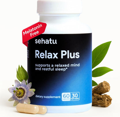 SEHATU Relax Plus Stress Relief Supplement | with GABA, L-Theanine, Ashwagandha, Valerian Root | Promotes Relaxation & Restful Sleep | 60 Capsules
